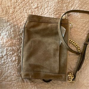 Brown Suede bag, never carried, gold nail head trim, adjustable strap